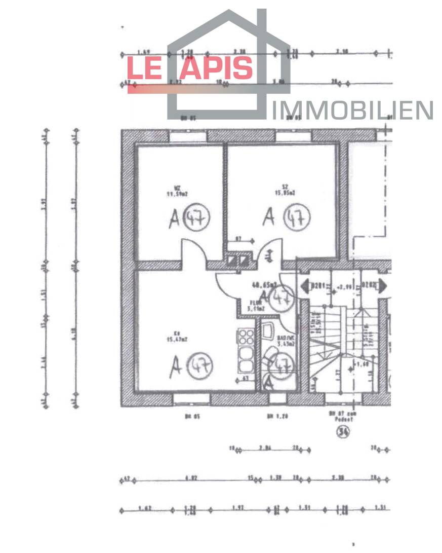 Grundriss bemat 1.OG li., 2-RWG, WE A47 Etagenwohnung Bhlen