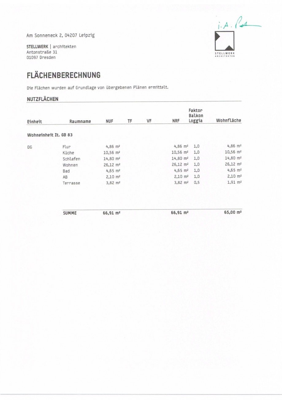 Flchenberechnung Dachgeschosswohnung Leipzig / Lausen